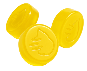 Drei gelbe Bluetenversand.de THC Gummies/Weichpastillen mit Logo und 5mg THC